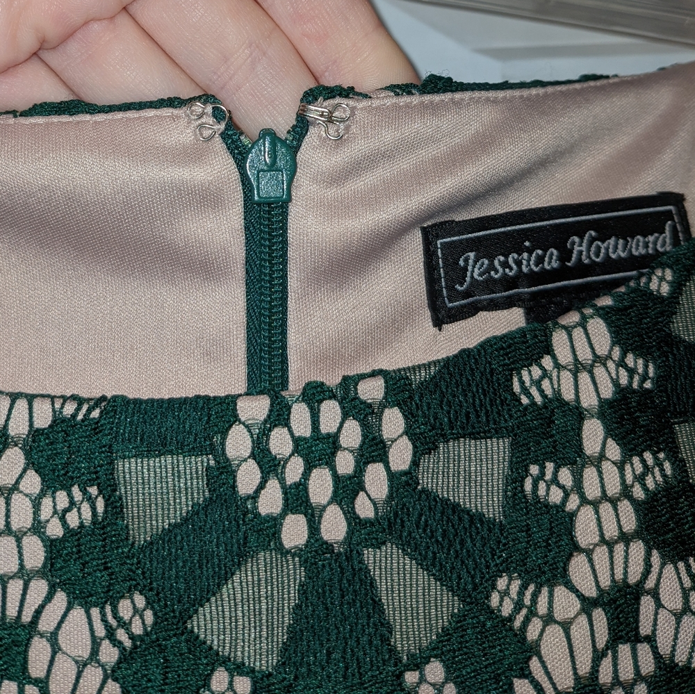 Jessica Howard Green Geometric Floral Pattern Lace Over Cream Lined Midi Dress - Picture 8 of 8